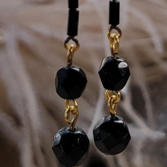 Vintage 1980s Black Bead Dangle Earrings Gold Tone Long Drop New Old Stock NOS - Picture 3 of 8